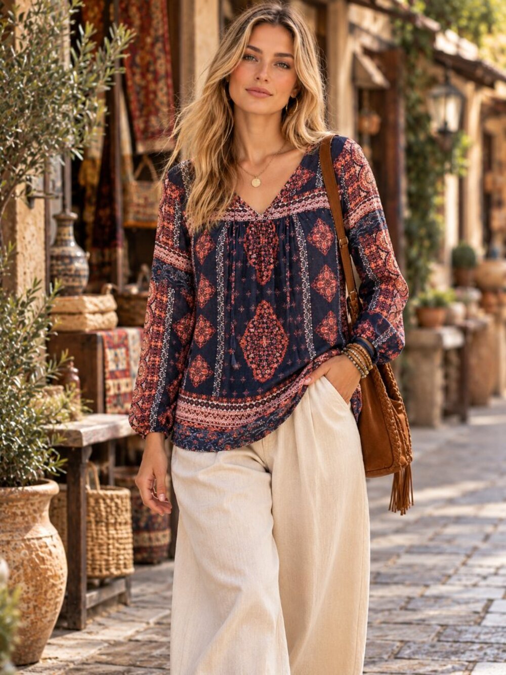 Lucky Brand Womens Size L Navy Peach Border Print 100% Viscose Boho Blouse